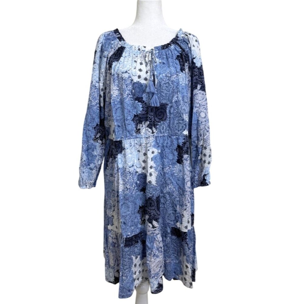 Frye and Co  Womens Size 1XBoho Off-Shoulder Dress Blue White Patchwork Festival